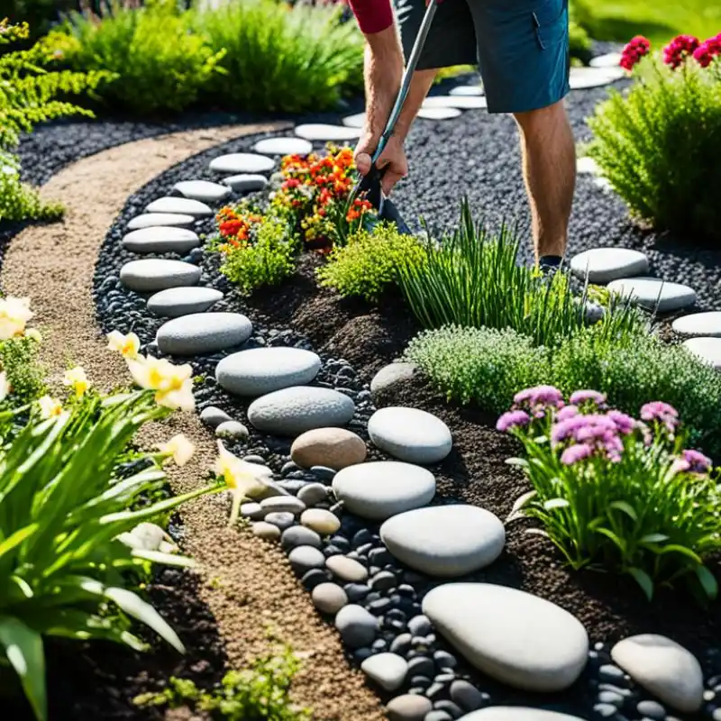 Camino de jardín con gravilla y plantas ornamentales, aportando elegancia y funcionalidad al espacio.