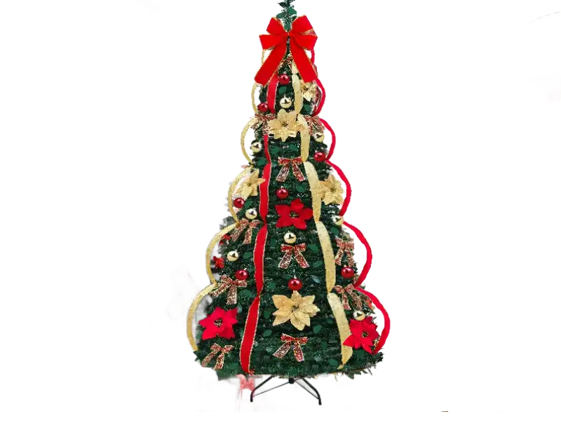 Arbol de Navidad preiluminado de 6.5 pies con temporizador 8 modos 200 luces calidas adornos cinta roja y dorada flores lazos enchufe UL resistente al fuego plegable